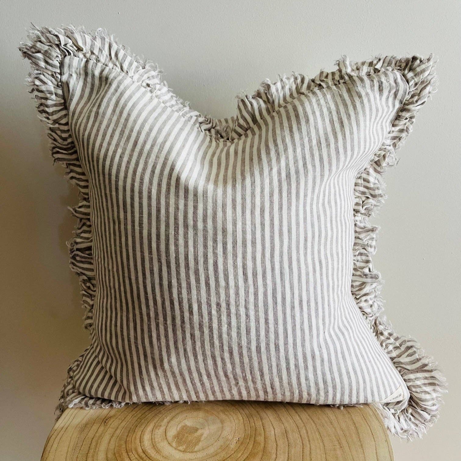 Pure French Linen Frayed Edge Ruffle Cushion Cover - Grey Stripe Mama and Tochter