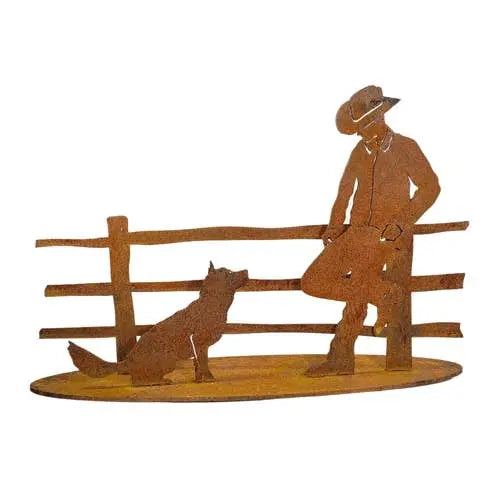 Farmer and Dog Garden Art Stand – Rustic Steel Sculpture