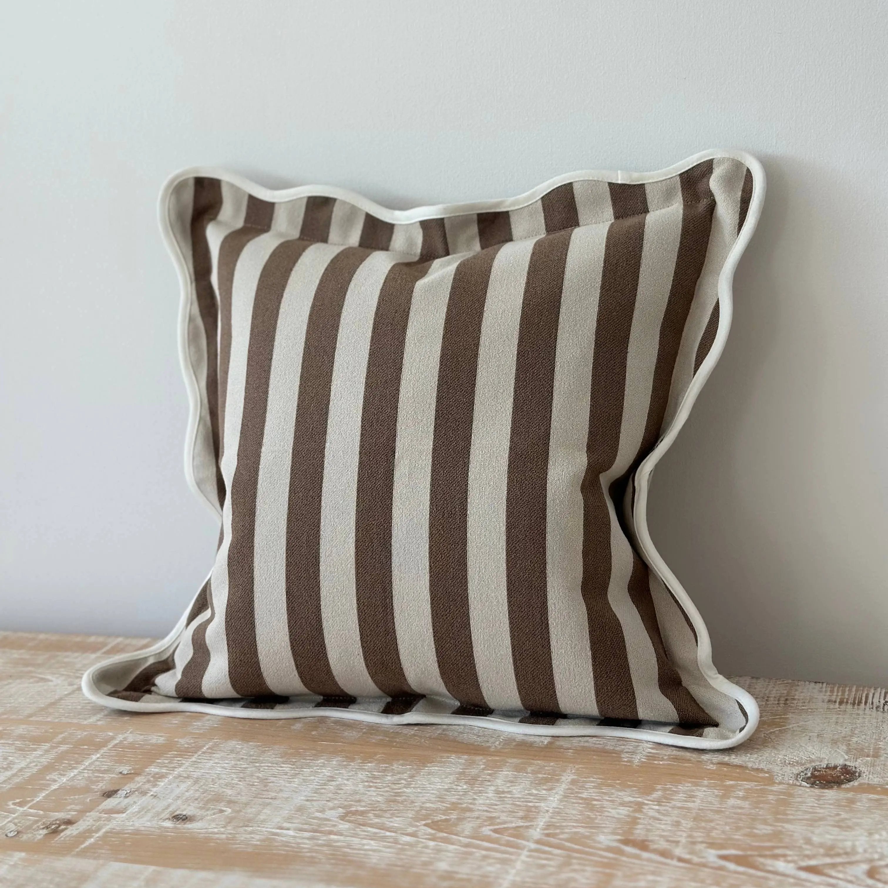 Chloe Brown Stripe Scalloped Edge Cushion Cover Ellenvale Trade