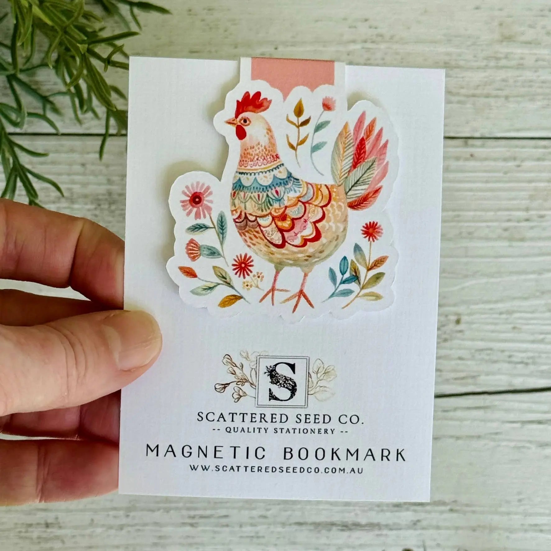 Folk Art Chicken Magnetic Bookmark – Pink Chicken