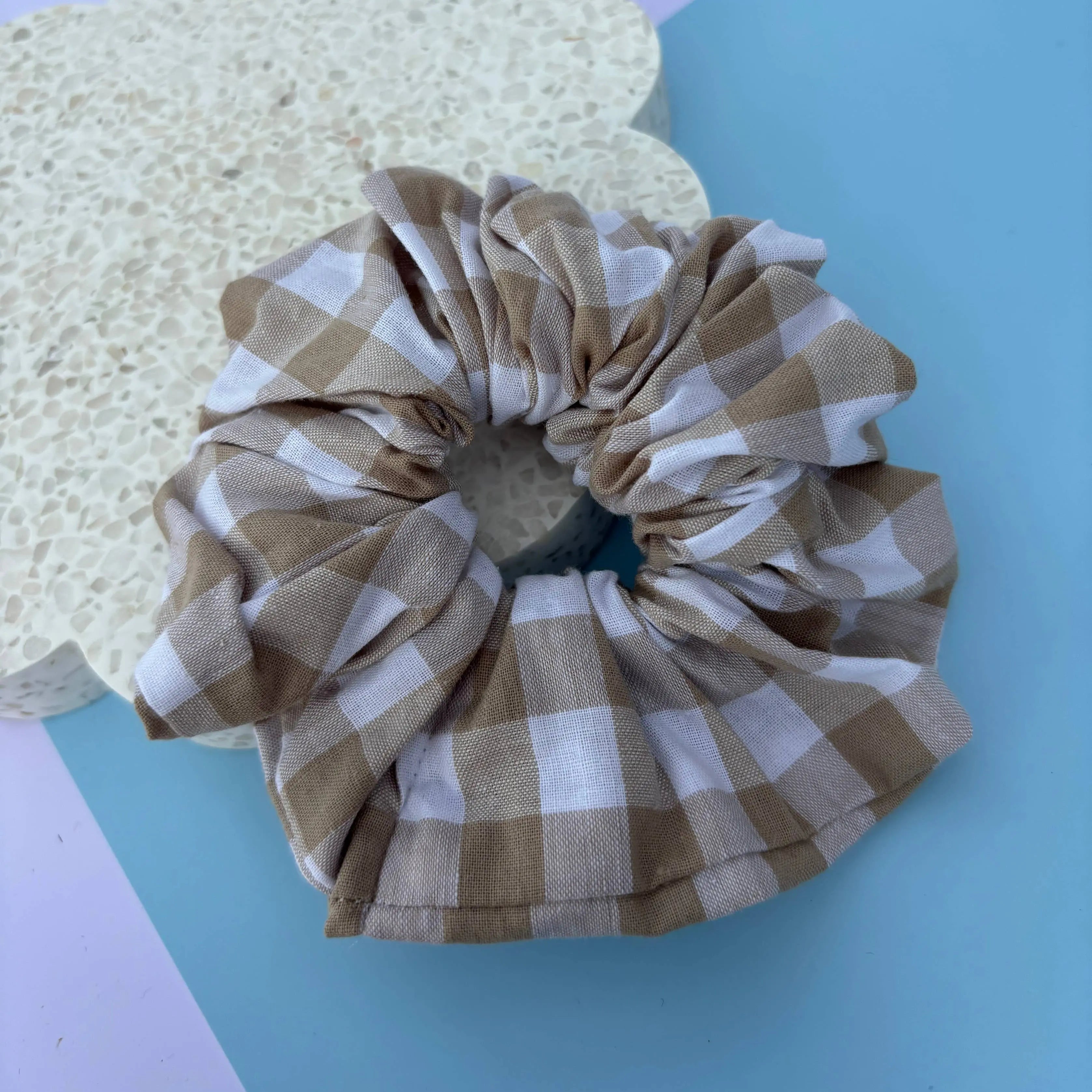 Hair Scrunchie  - Gingham in Latte Brown Handmade Jems