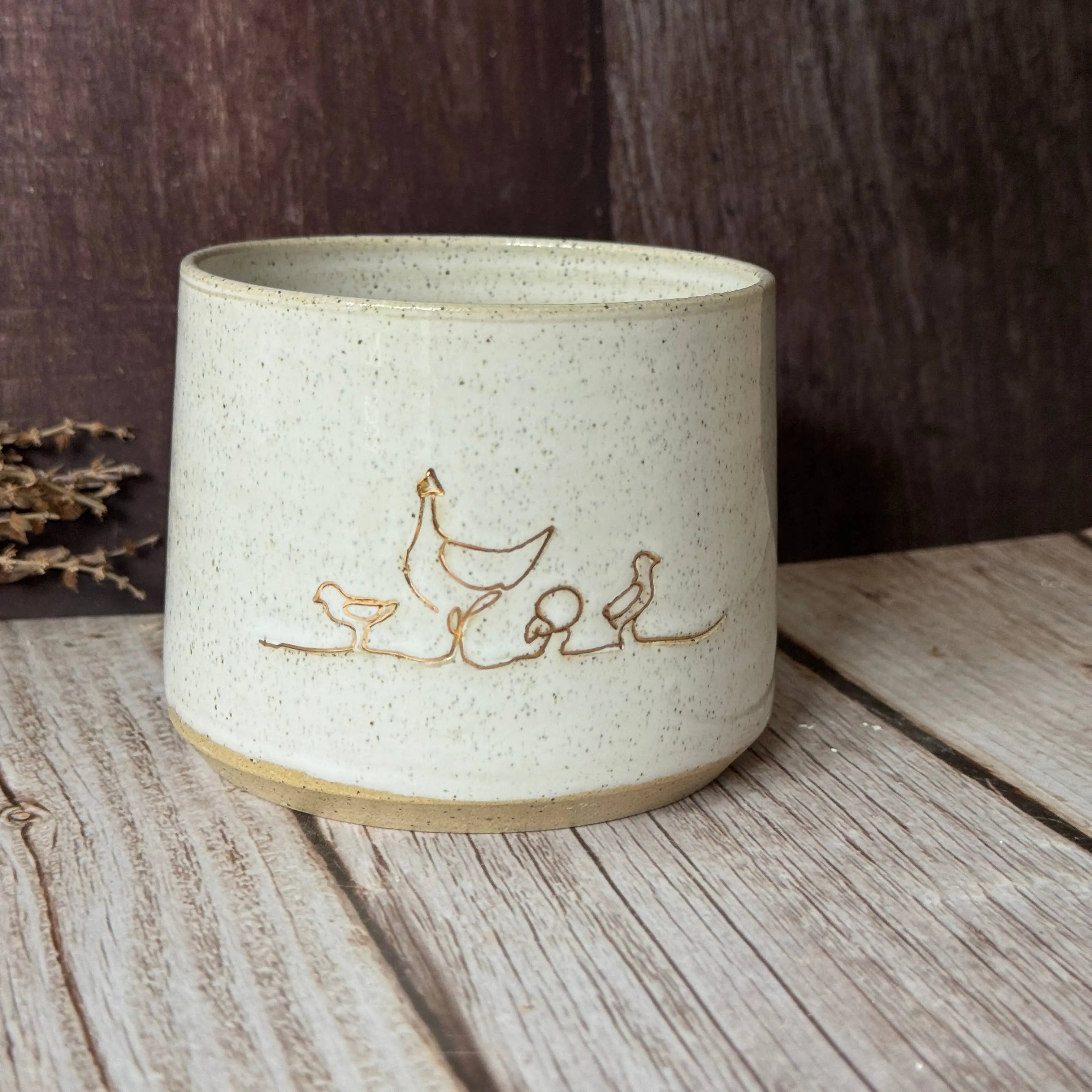 Ceramic Handmade Chicken Line Art Mug – Right-Handed Design Wolf and Clay Pty Ltd