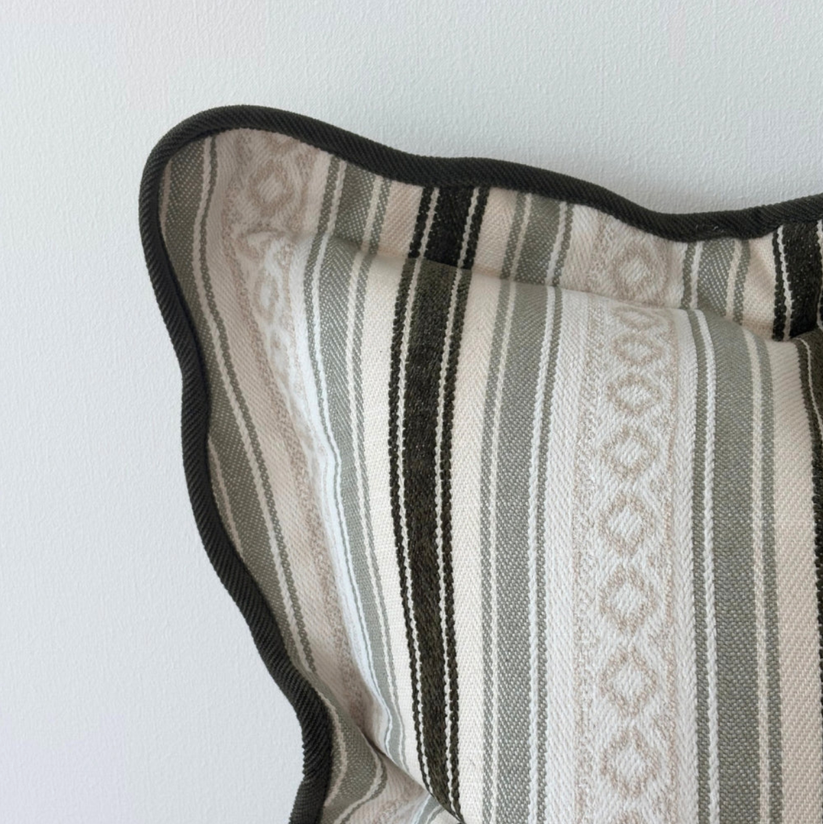 Chloe Olive & Sage Stripe Scalloped Cushion Cover – 45 x 45 cm