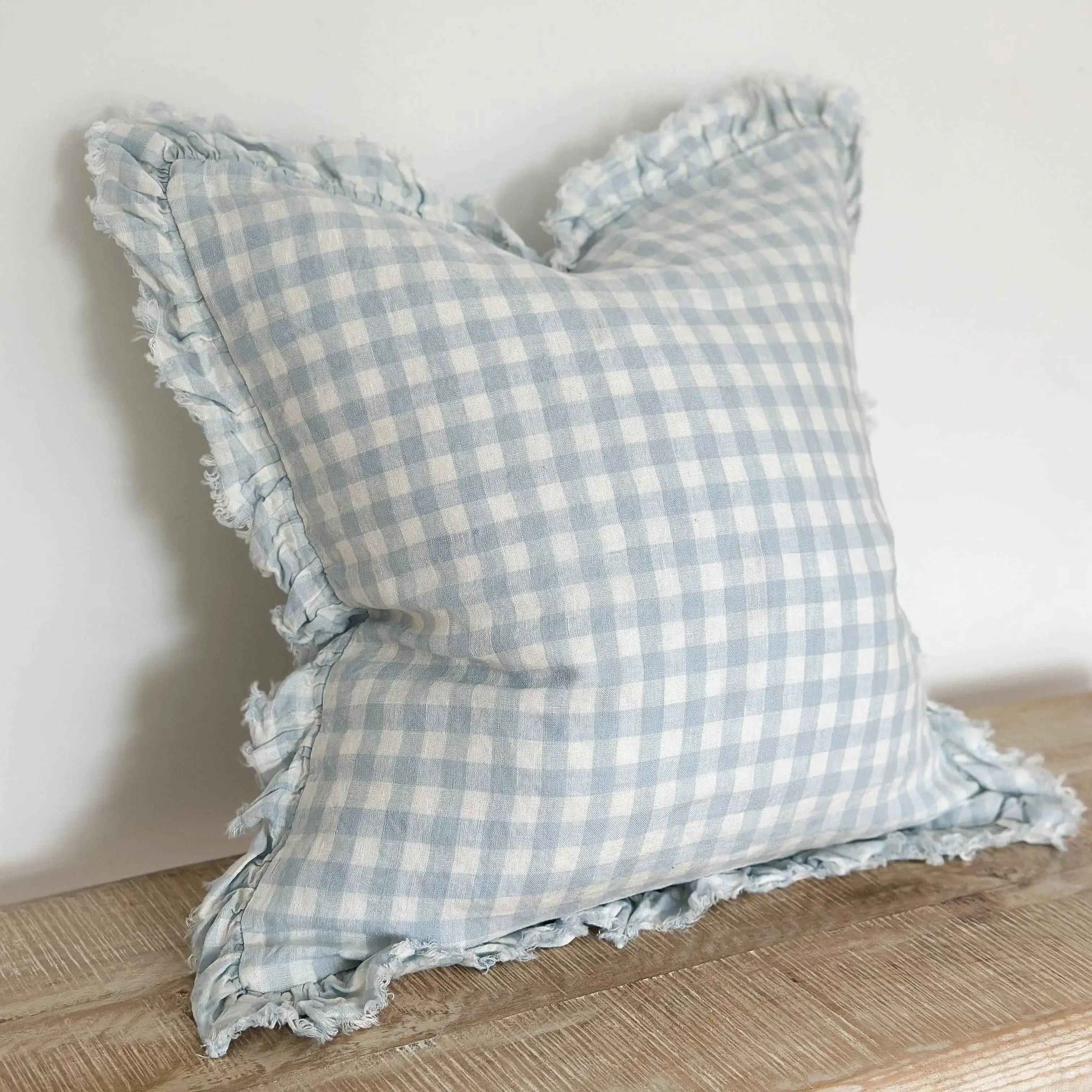 Hallie Ruffled Linen Cushion Cover 45x45 – Blue Gingham Ellenvale Trade