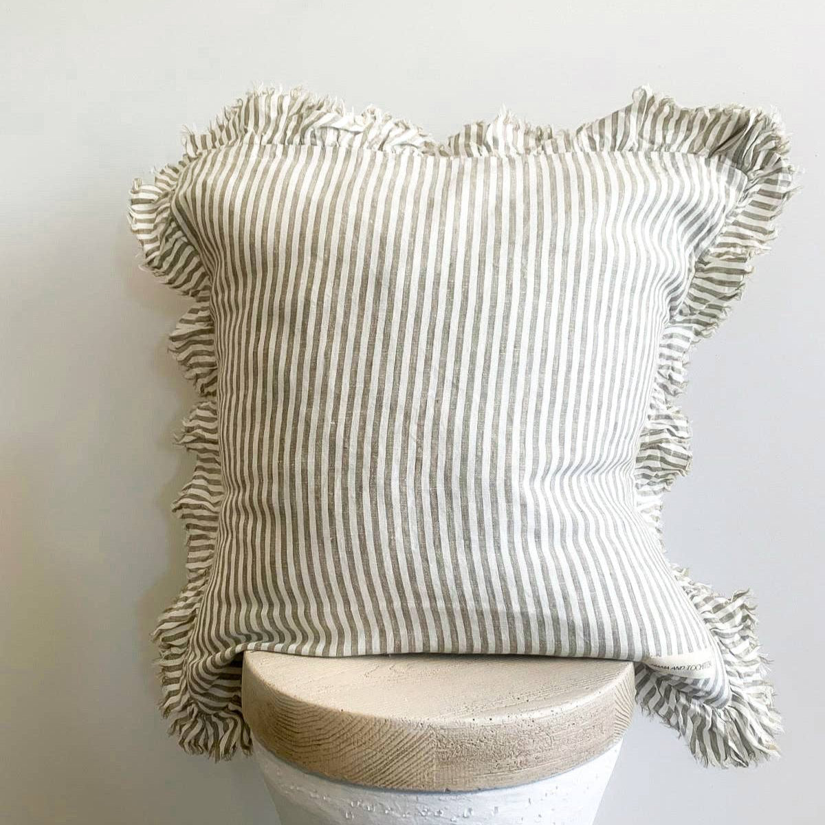 Pure French Linen Frayed Edge Ruffle Cushion - Olive Pinstripes Mama and Tochter
