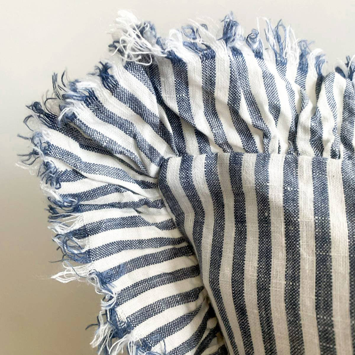 Pure French Linen Frayed Edge Ruffle Cushion - Marine Pinstripes Mama and Tochter