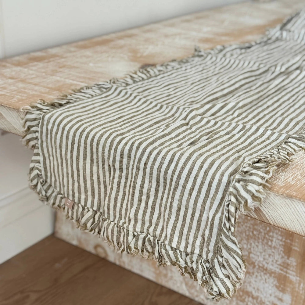 Olive Stripe Ruffle Table Runner – 230 x 35cm (100% Linen)