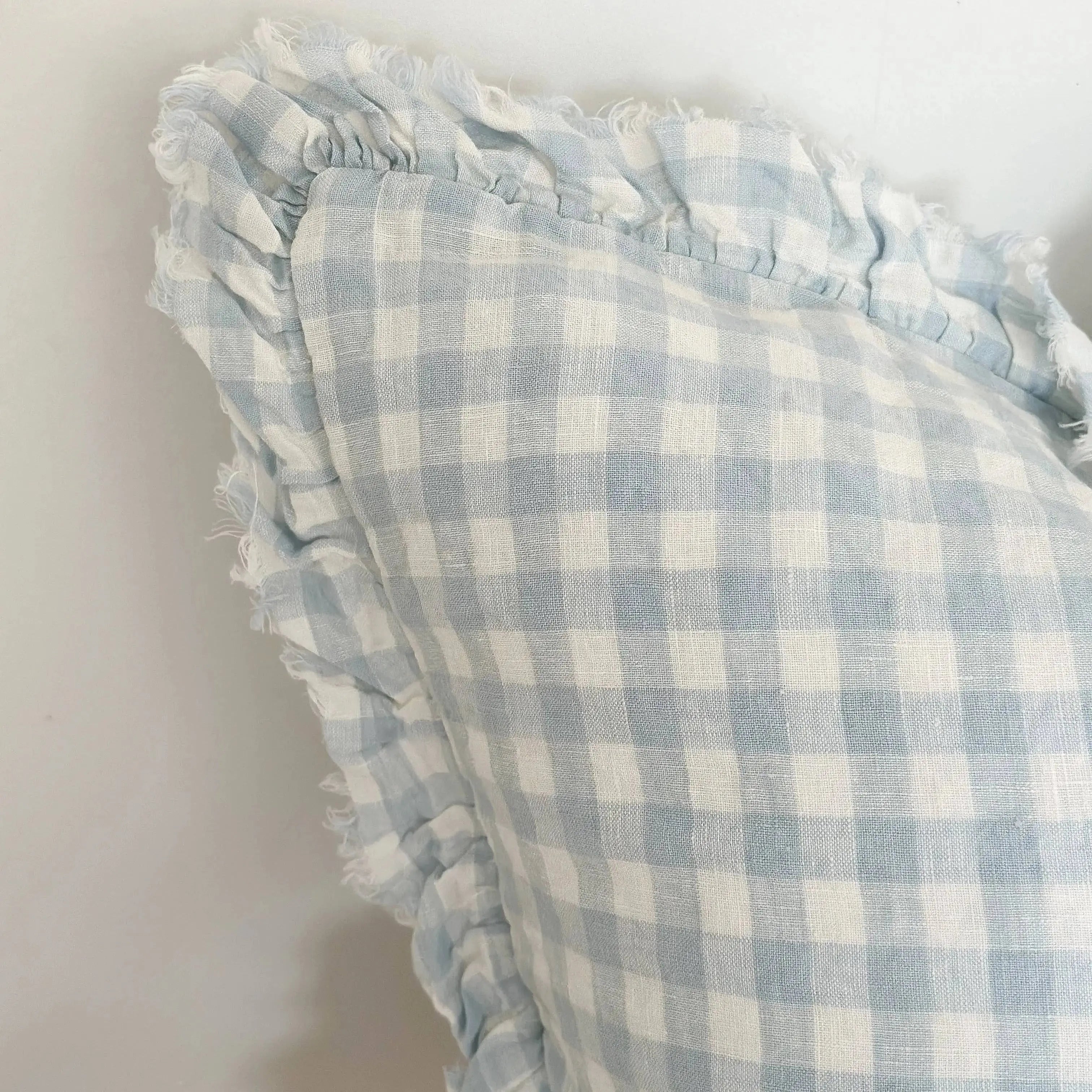 Hallie Ruffled Linen Cushion Cover 45x45 – Blue Gingham Ellenvale Trade