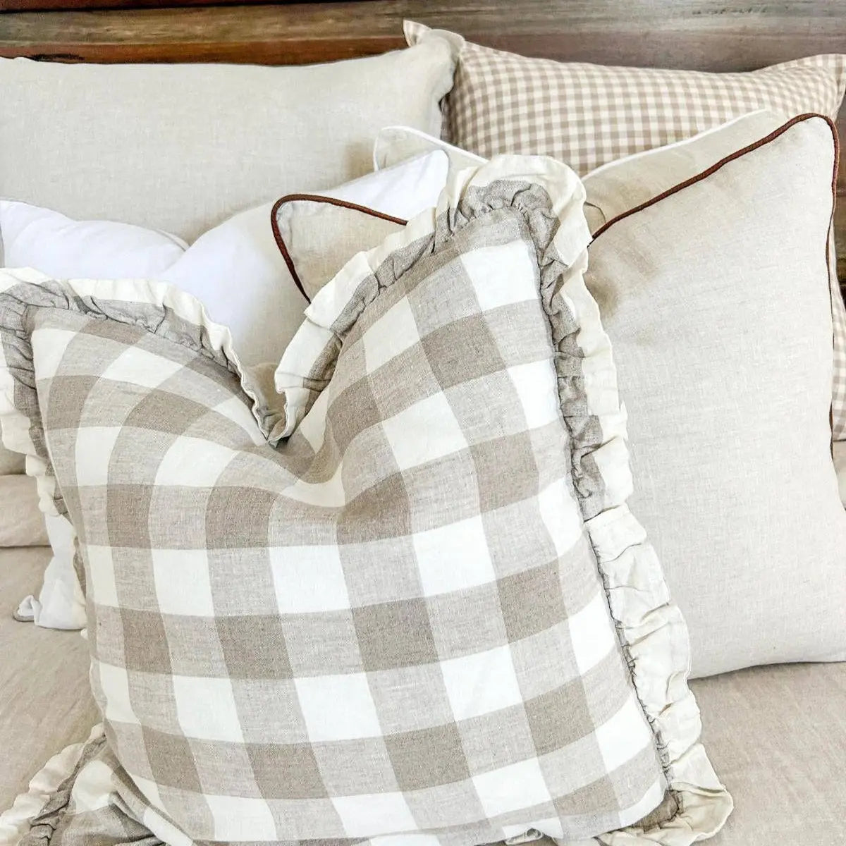 Reversible Linen Ruffle Cushion Cover Only - Natural Gingham - Natural - Barrington Country Homewares