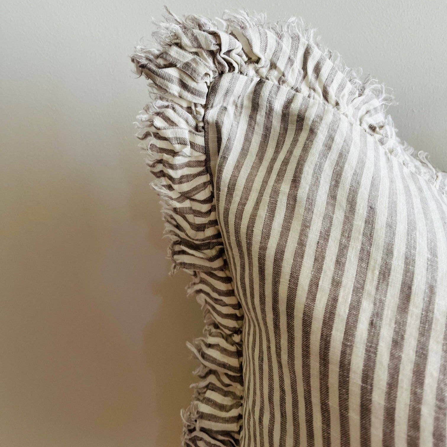 Pure French Linen Frayed Edge Ruffle Cushion Cover - Grey Stripe Mama and Tochter