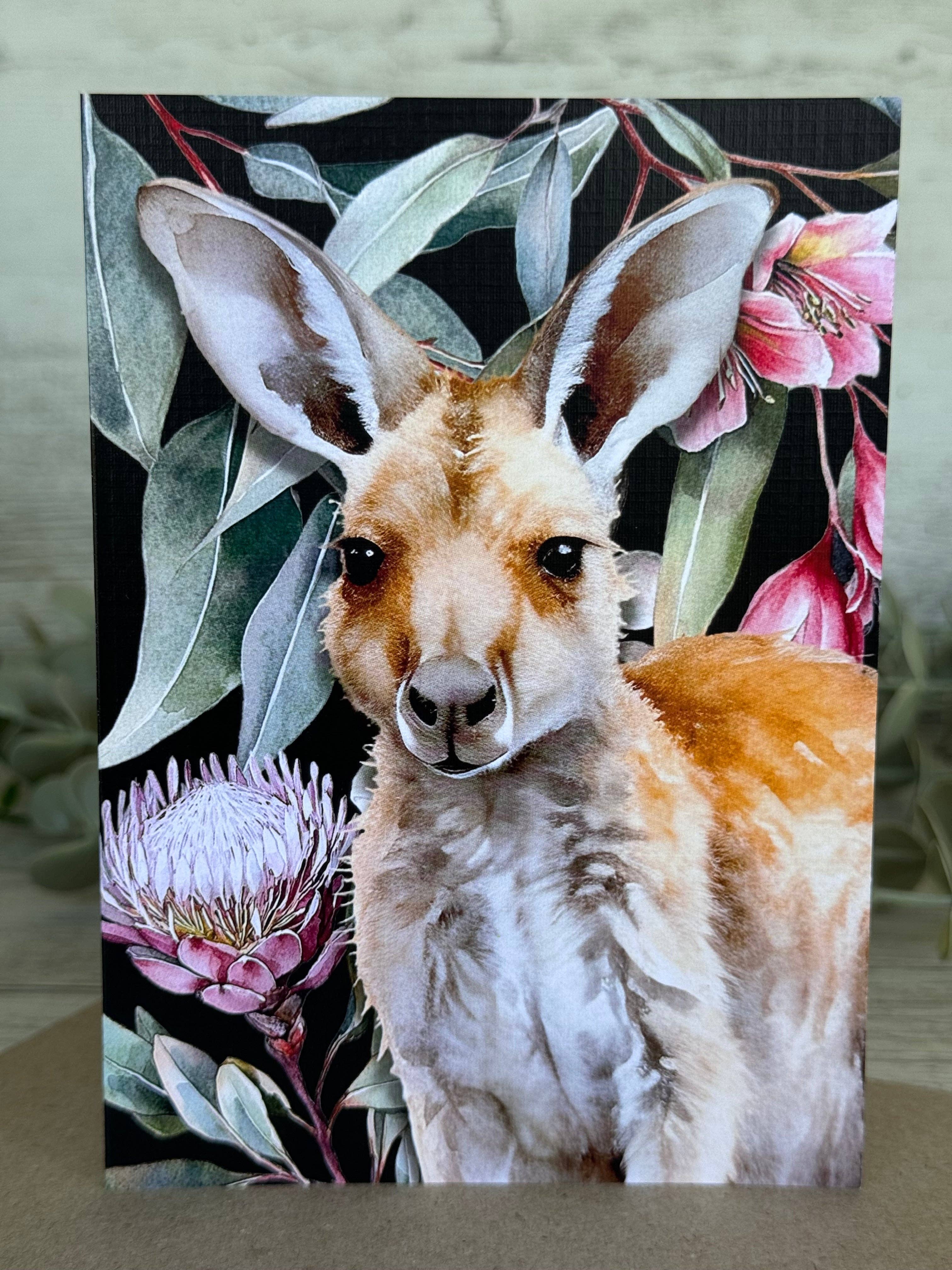 Australian Kangaroo on Native Florals greeting card Scattered Seed Co