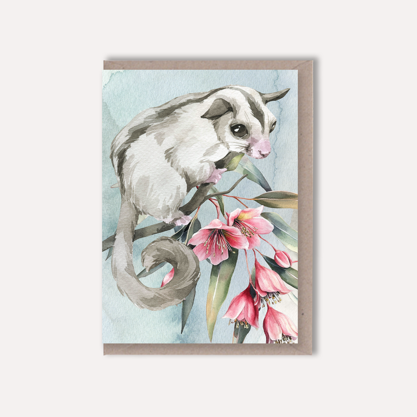 Australian Watercolour Sugar Glider on Australian Flora greeting card Scattered Seed Co