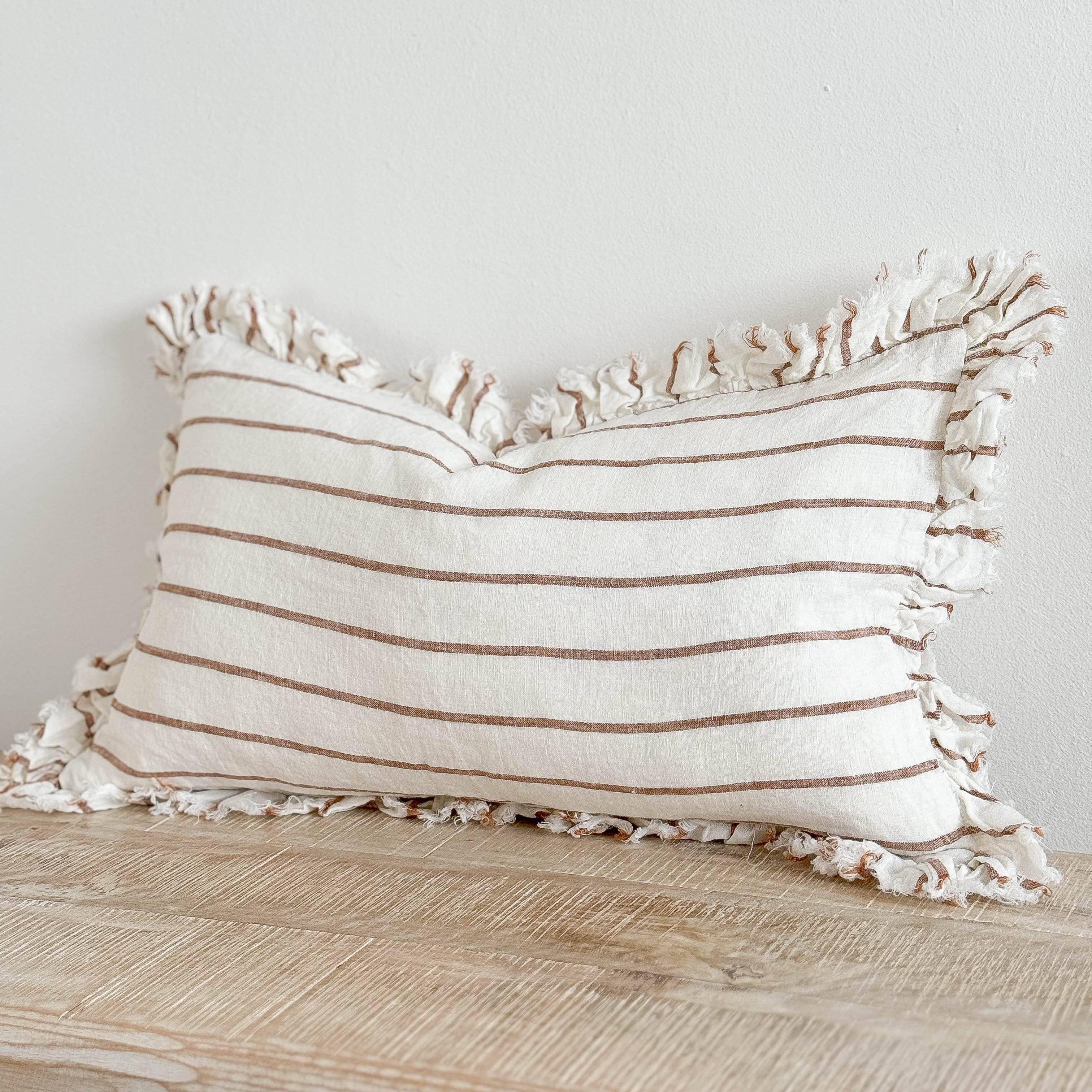 Hallie Ruffled Linen Cushion Cover – Brown & Cream Stripe 50cm × 30cm Ellenvale Trade