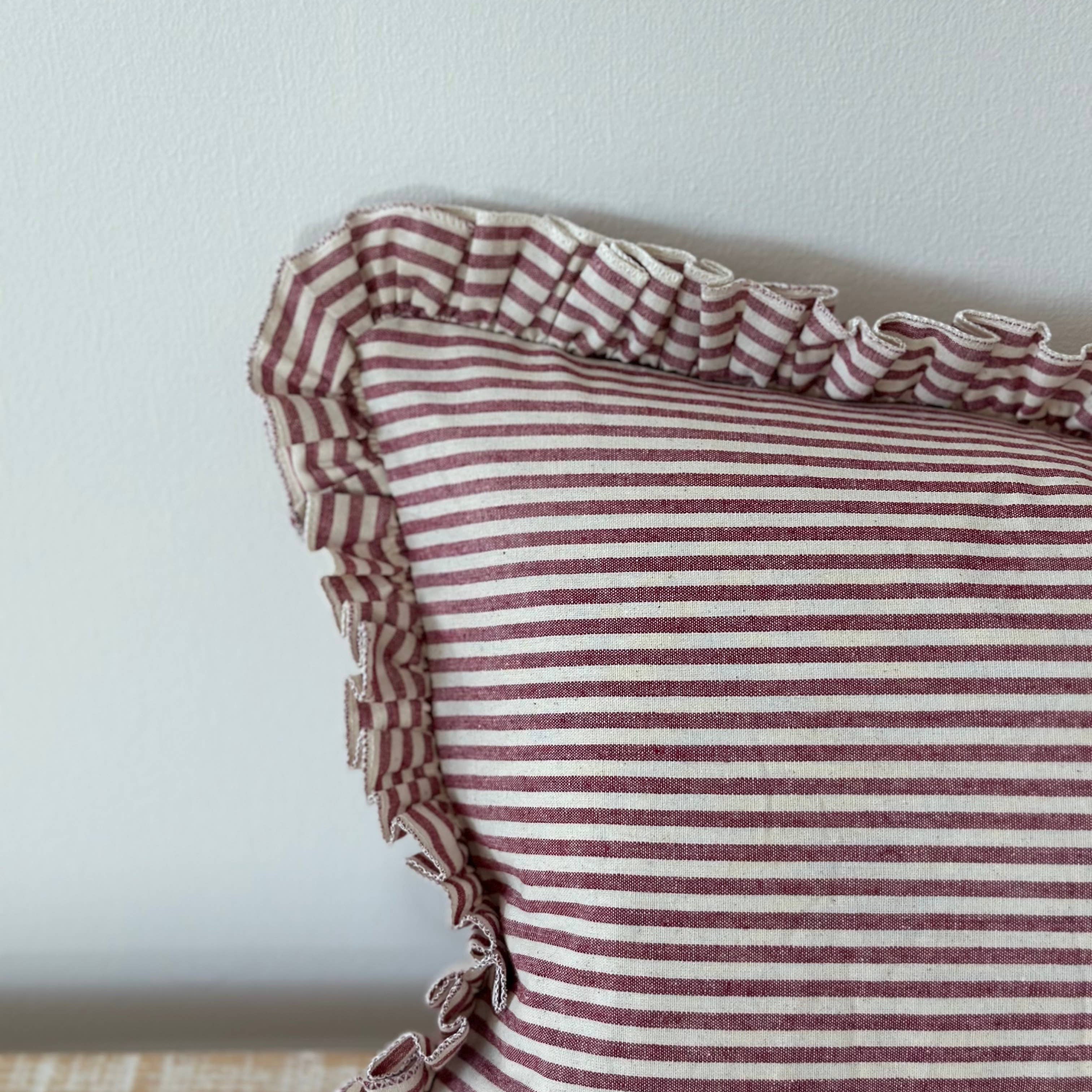 Darcy Ruffle Cotton Cushion Cover 50x30 – Burgundy Stripe Ellenvale Trade
