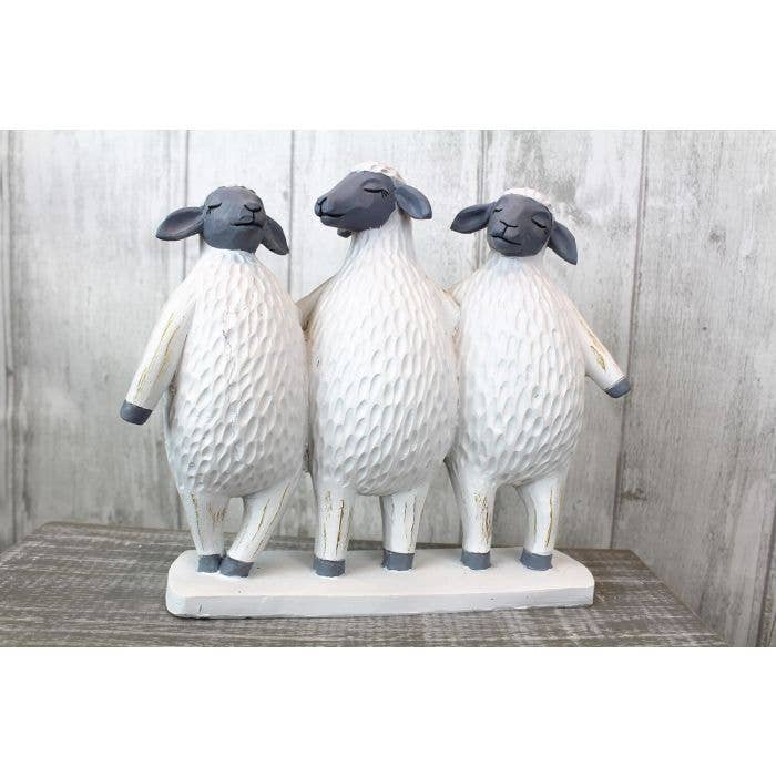 Triple Standing Sheep Ornament Carved Resin With Grey Faces Langs