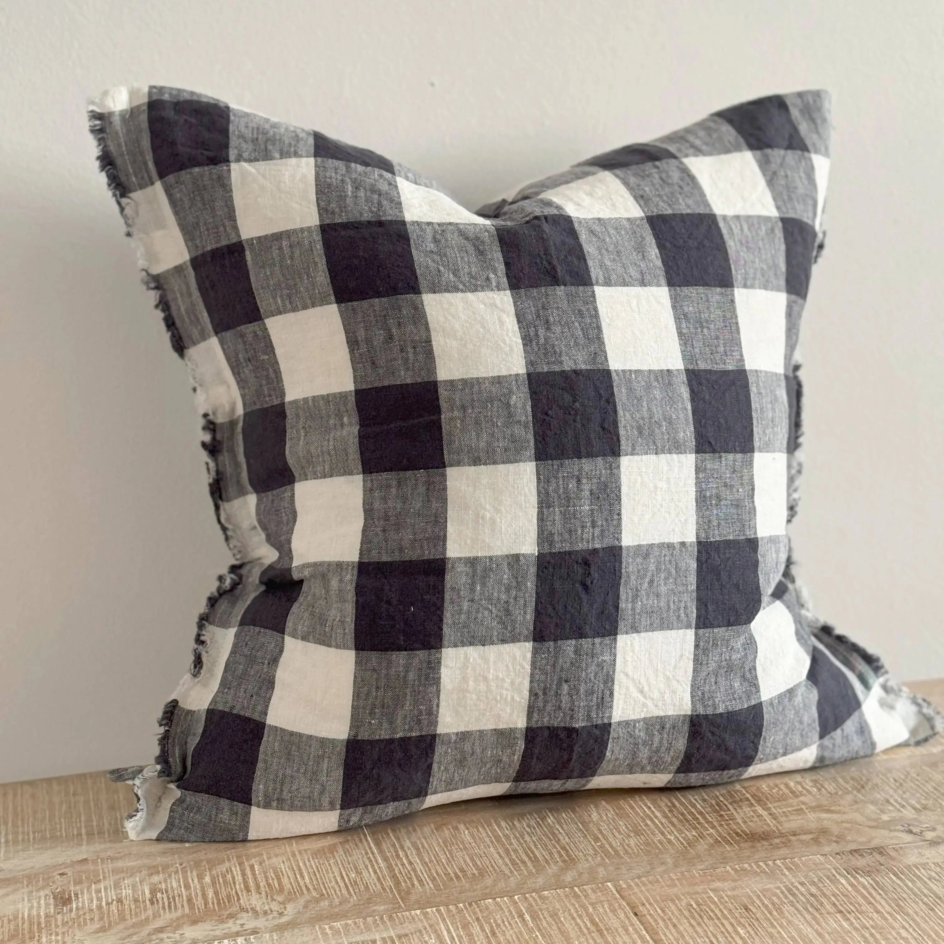 Esmee Fringed Linen Cushion Cover 45x45 – Navy Check Ellenvale Trade