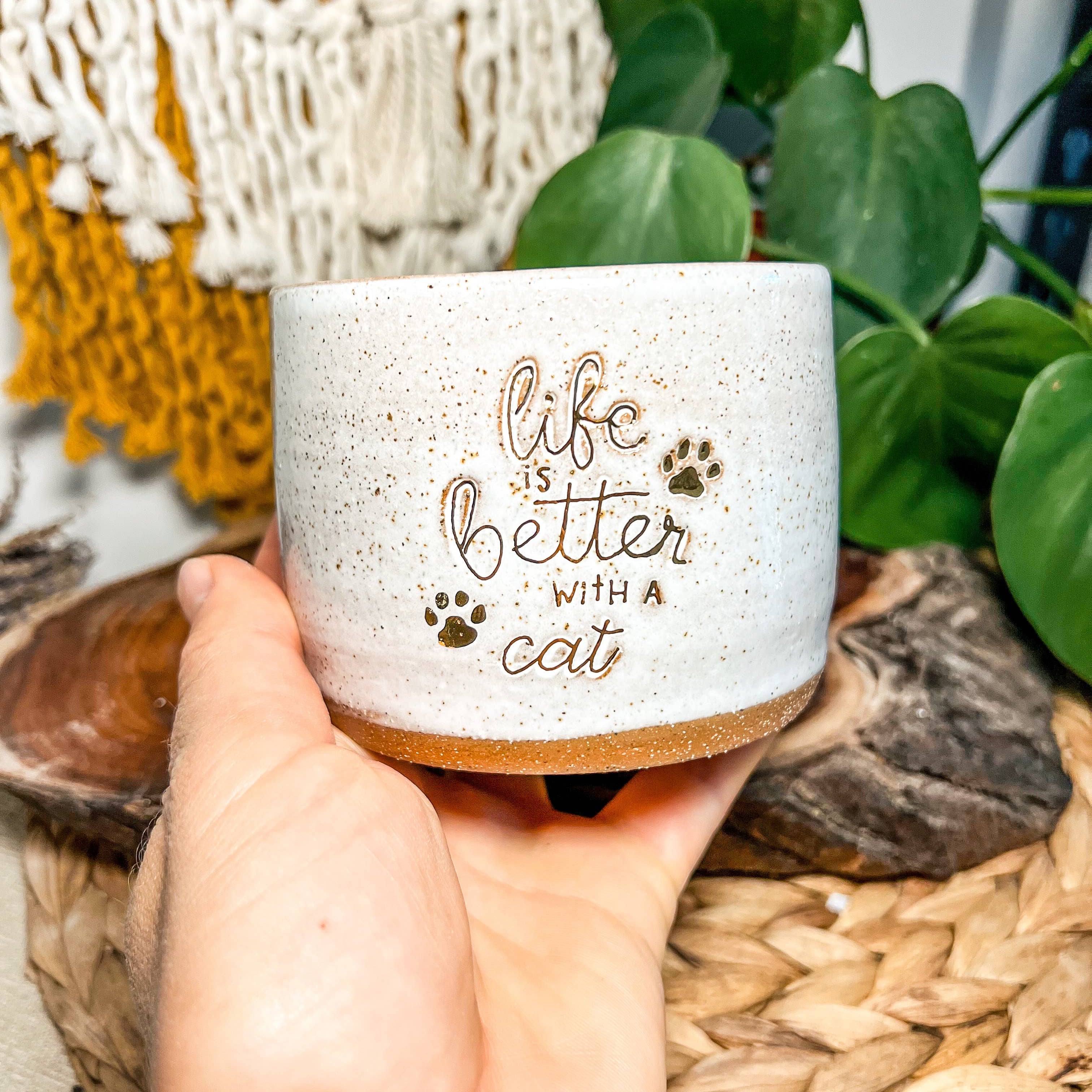 Ceramic Mug - life is better with a Cat: Without handle Wolf and Clay Pty Ltd