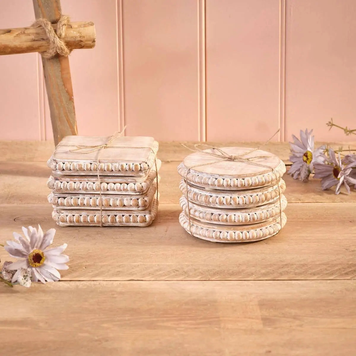 Rustic Mango Wood Set of 4 Round Beaded Coasters