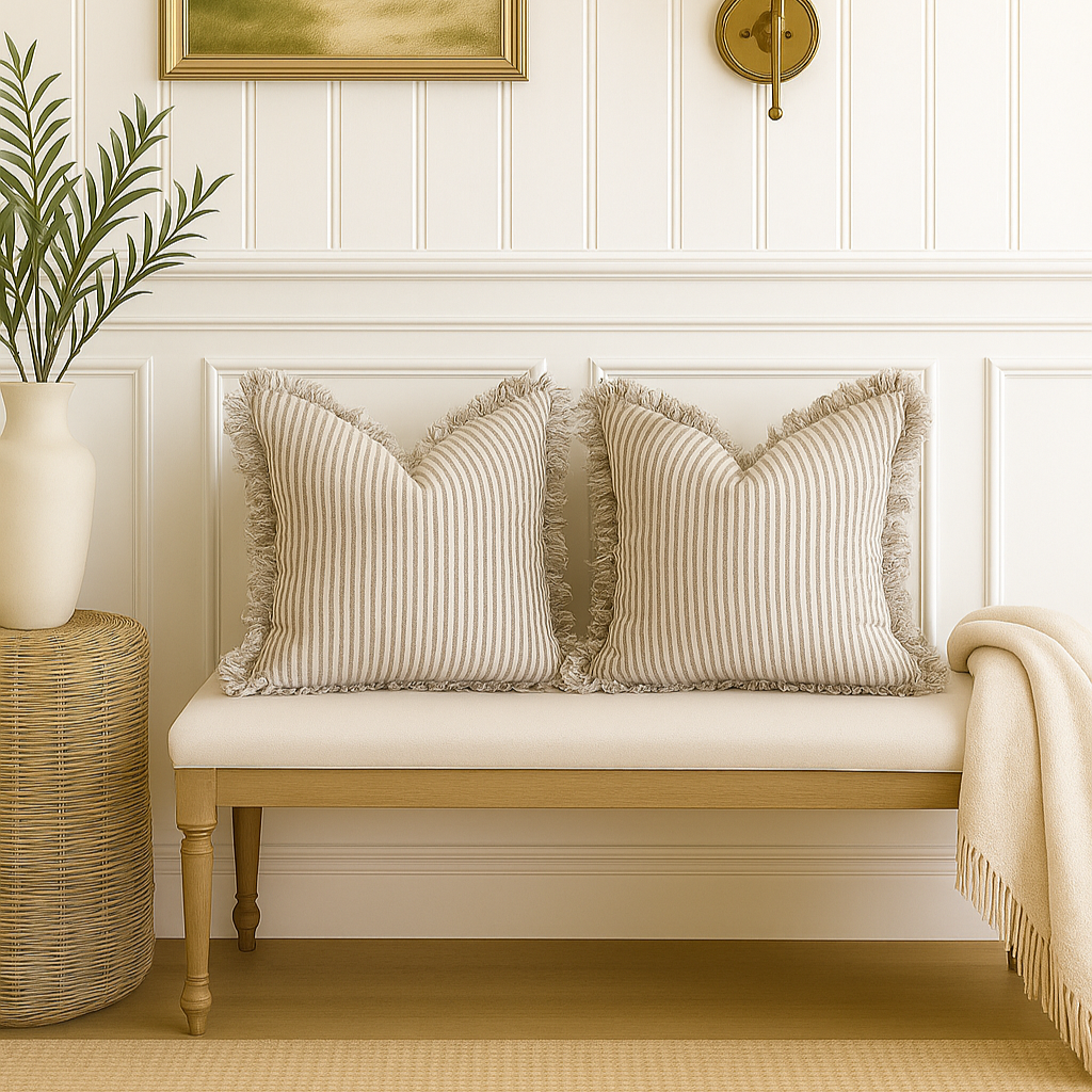 Pure French Linen Frayed Edge Ruffle Cushion Cover - Grey Stripe Mama and Tochter