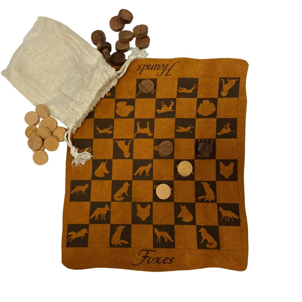 Fox & Hounds Leather Checker Board with Checkers